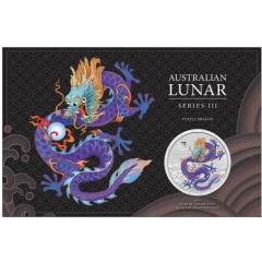 Fine Silver Coin Coloured Purple Dragon 2024 in Card