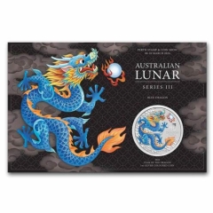 Fine Silver Coin Coloured Blue Dragon 2024 in Card